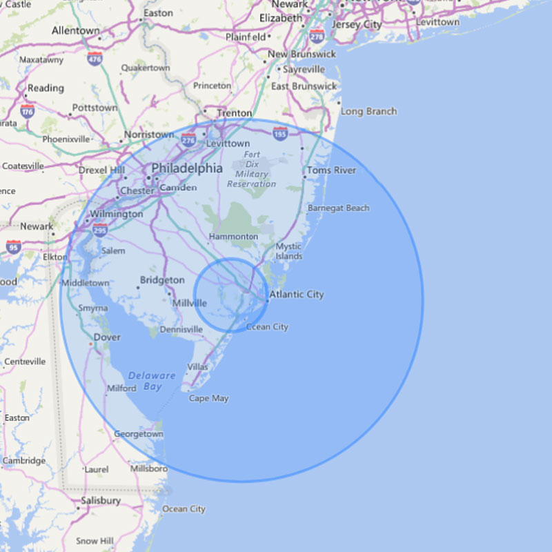 service area map within a 60 mile radius of somers point